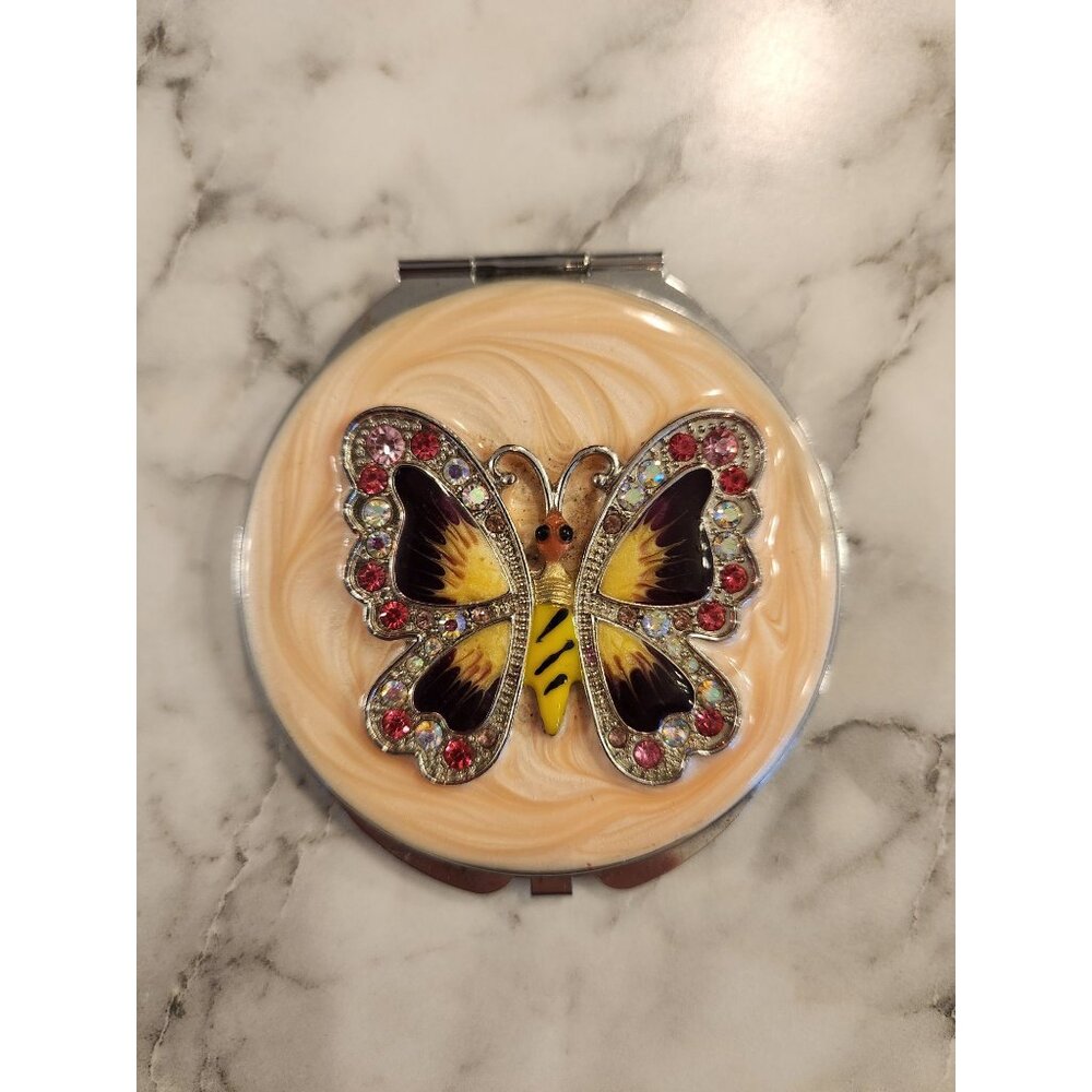 Vintage Enamel Butterfly Compact Mirror With Rhinestones